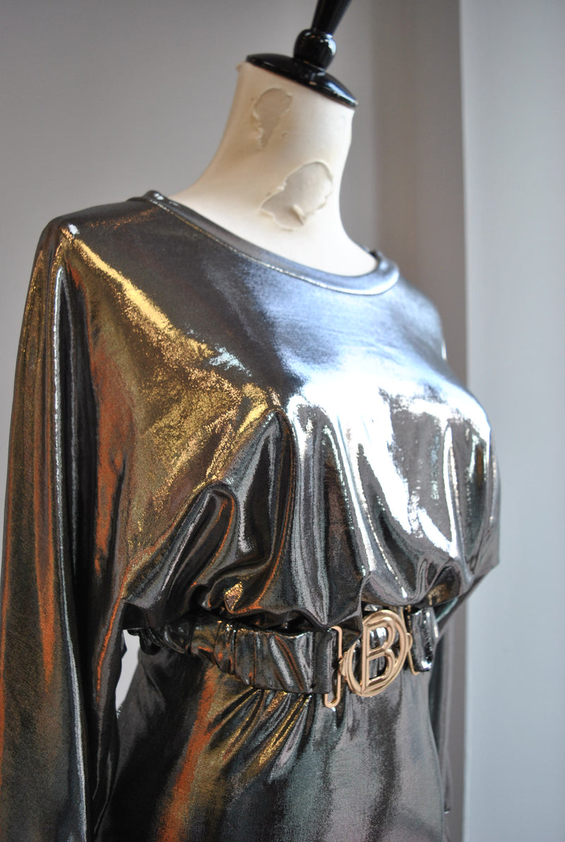 CLEARANCE - SILVER MIDI PARTY DRESS WITH A BELT