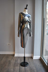 CLEARANCE - SILVER MIDI PARTY DRESS WITH A BELT
