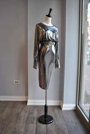CLEARANCE - SILVER MIDI PARTY DRESS WITH A BELT