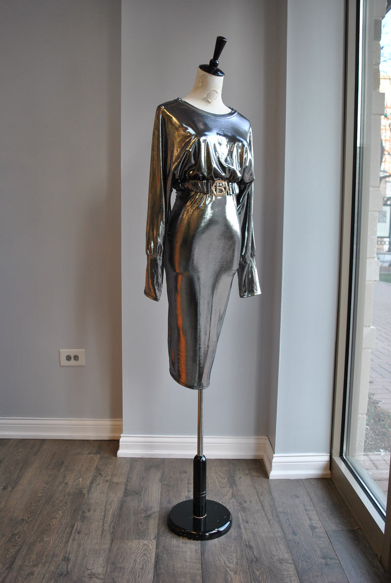 CLEARANCE - SILVER MIDI PARTY DRESS WITH A BELT