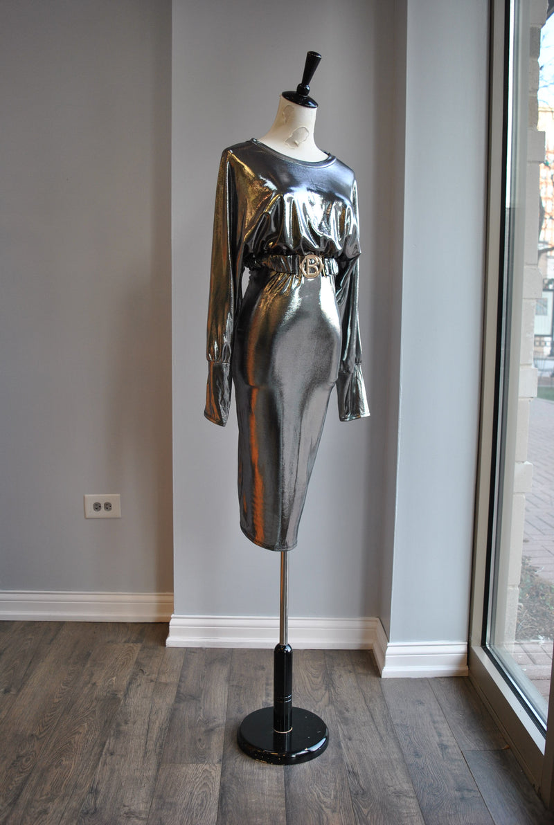 SILVER MIDI PARTY DRESS WITH A BELT