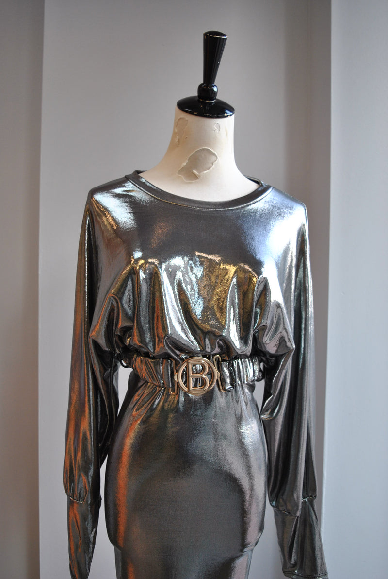 CLEARANCE - SILVER MIDI PARTY DRESS WITH A BELT