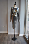 CLEARANCE - SILVER MIDI PARTY DRESS WITH A BELT