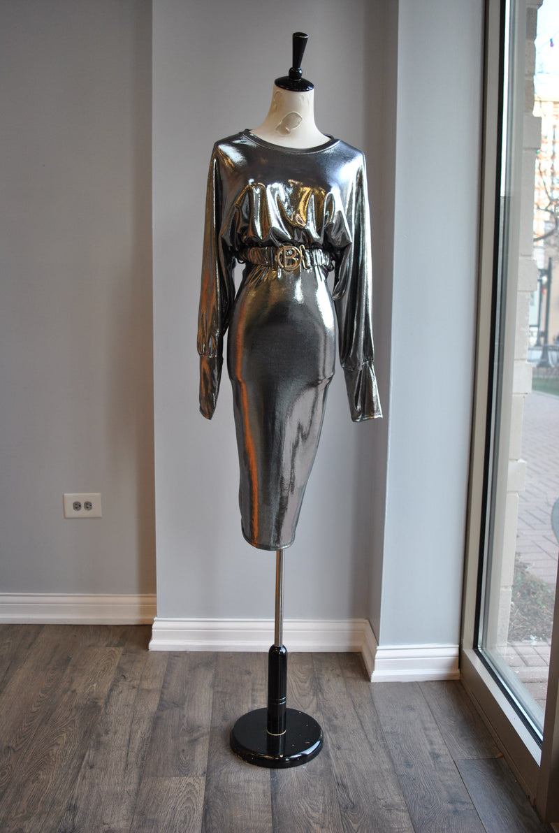 CLEARANCE - SILVER MIDI PARTY DRESS WITH A BELT
