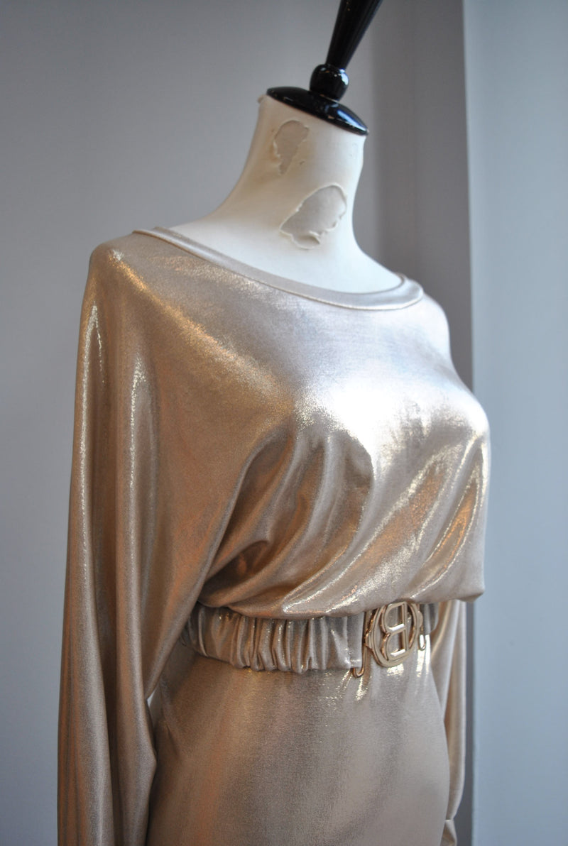 CLEARANCE - LIGHT GOLD MIDI PARTY DRESS WITH A BELT
