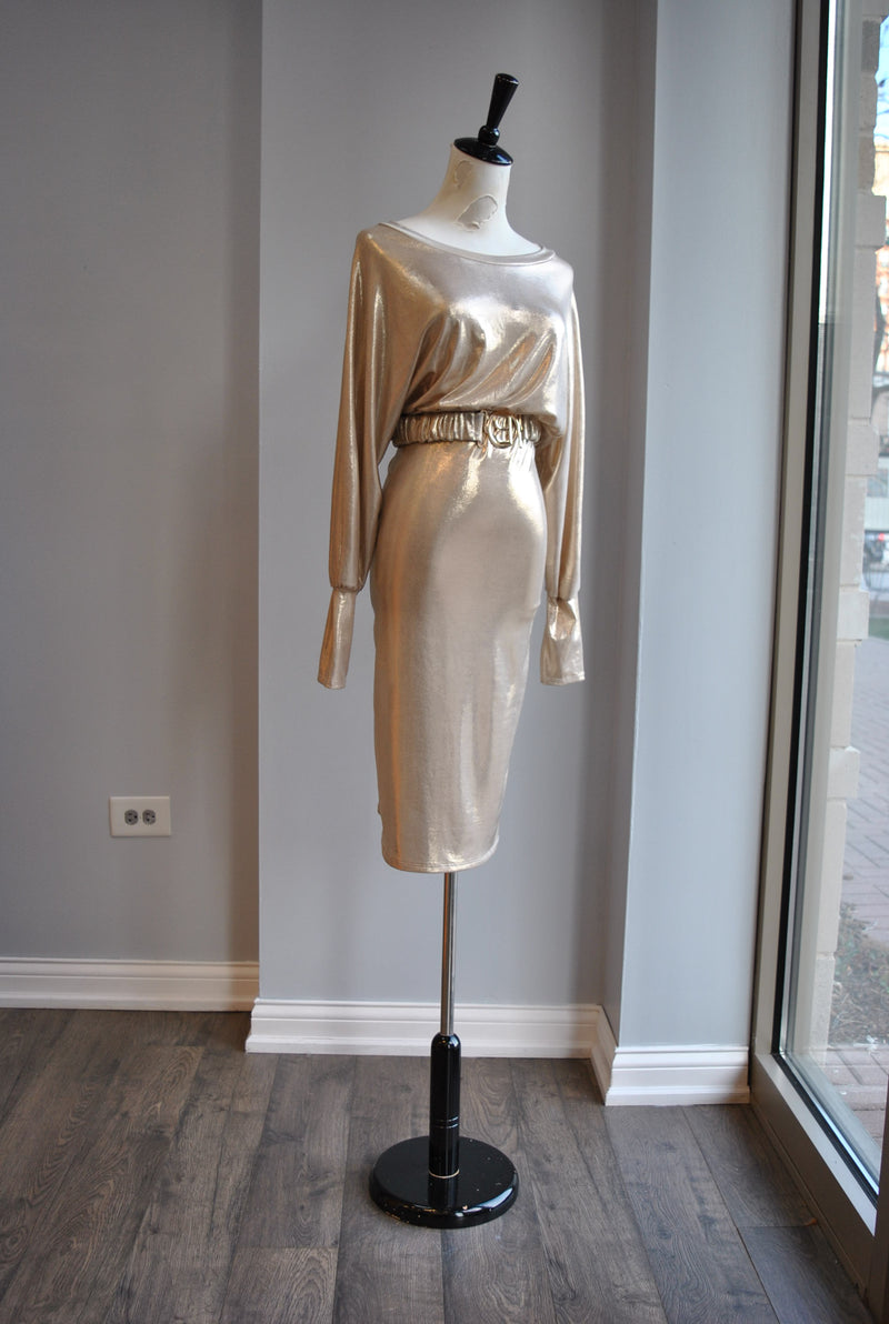 CLEARANCE - LIGHT GOLD MIDI PARTY DRESS WITH A BELT