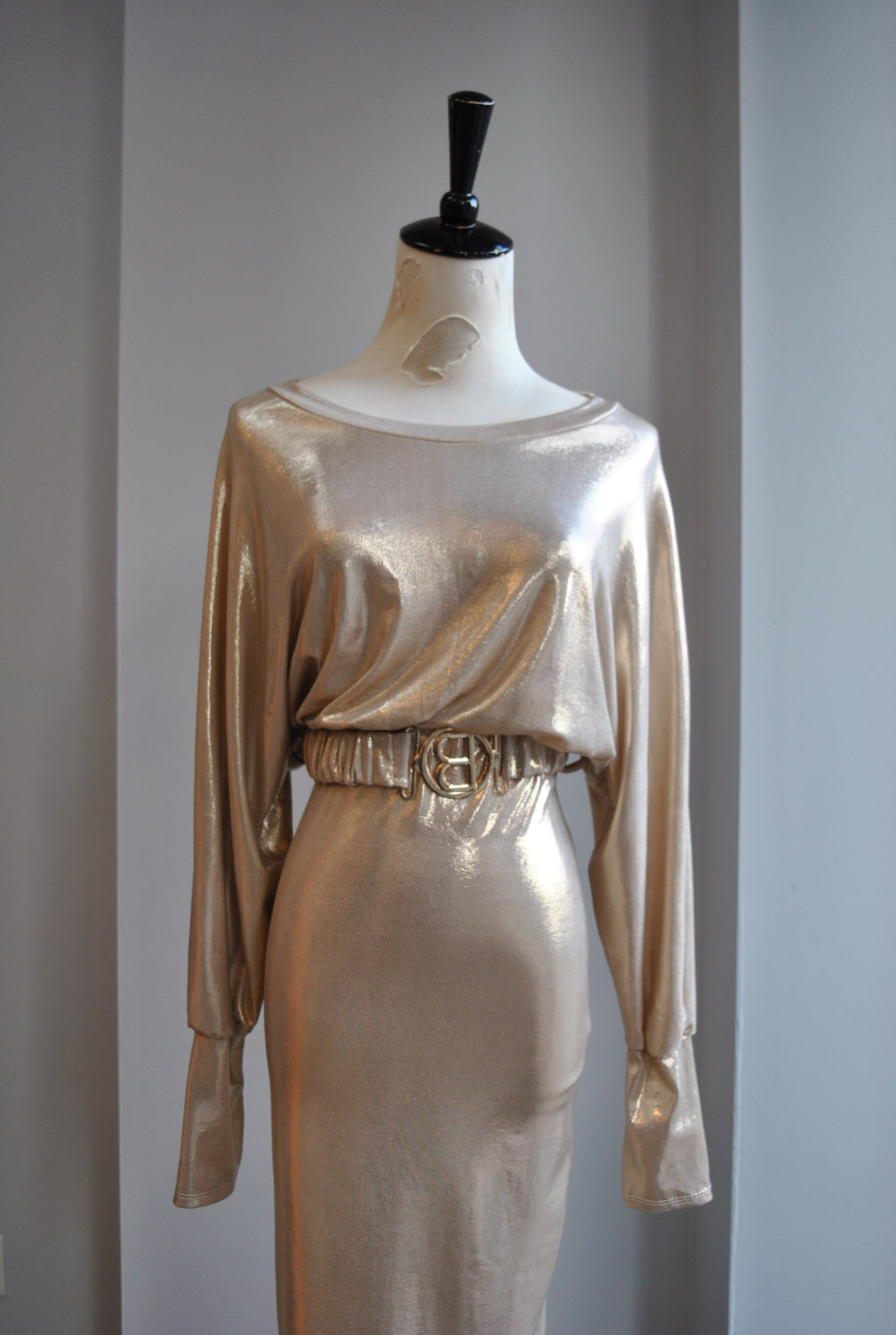 CLEARANCE - LIGHT GOLD MIDI PARTY DRESS WITH A BELT
