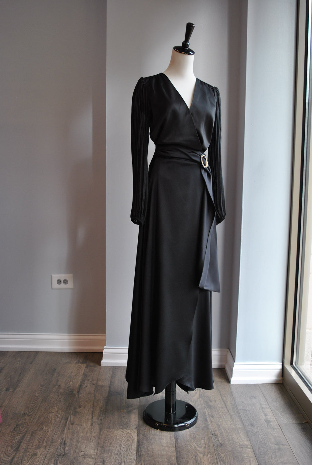 BLACK SILKY MAXI ASYMMETRIC WRAP SKIRT