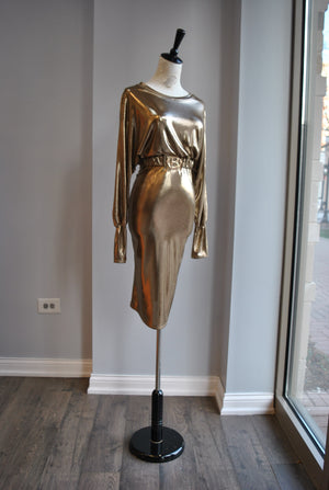 CLEARANCE - GOLD MIDI PARTY DRESS WITH A BELT