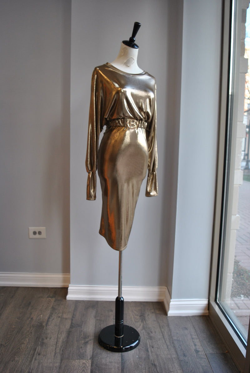 CLEARANCE - GOLD MIDI PARTY DRESS WITH A BELT
