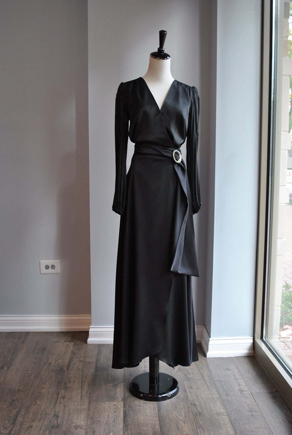 BLACK SILKY MAXI ASYMMETRIC WRAP SKIRT