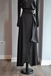 BLACK SILKY MAXI ASYMMETRIC WRAP SKIRT