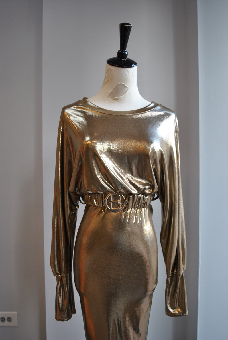 CLEARANCE - GOLD MIDI PARTY DRESS WITH A BELT