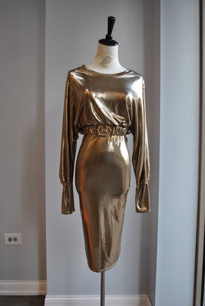 CLEARANCE - GOLD MIDI PARTY DRESS WITH A BELT