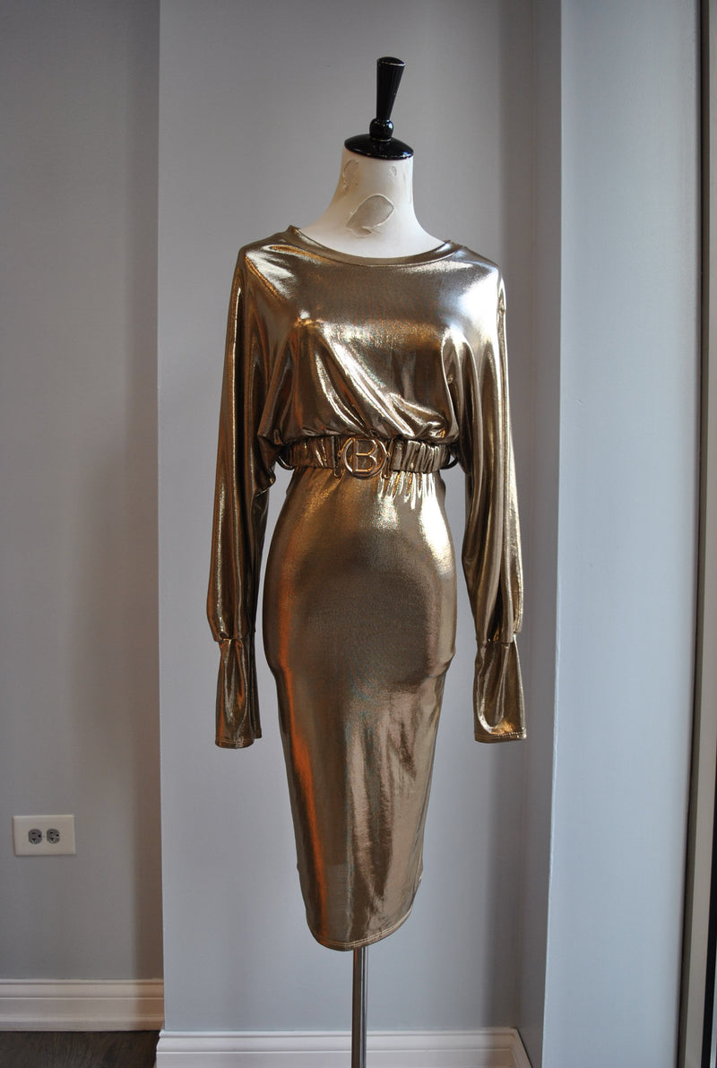 CLEARANCE - GOLD MIDI PARTY DRESS WITH A BELT