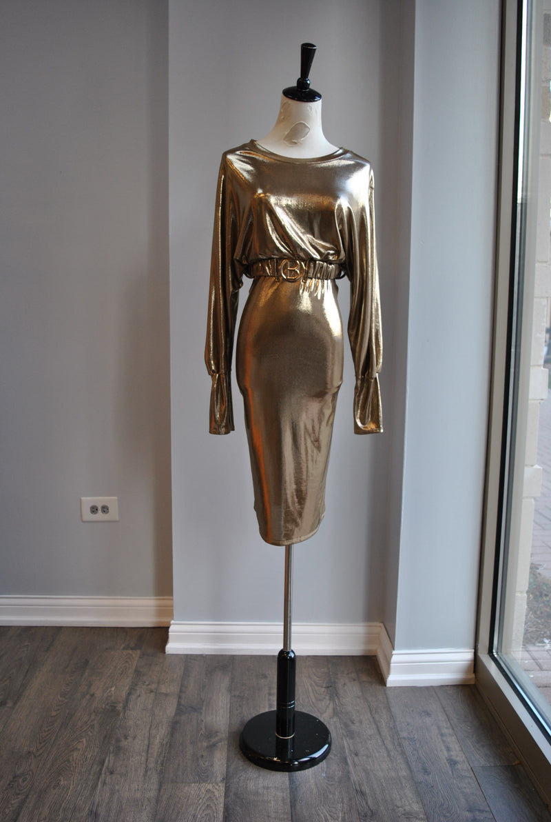 CLEARANCE - GOLD MIDI PARTY DRESS WITH A BELT Le Obsession Boutique CLEARANCE - GOLD MIDI PARTY DRESS WITH A BELT Le Obsession Boutique