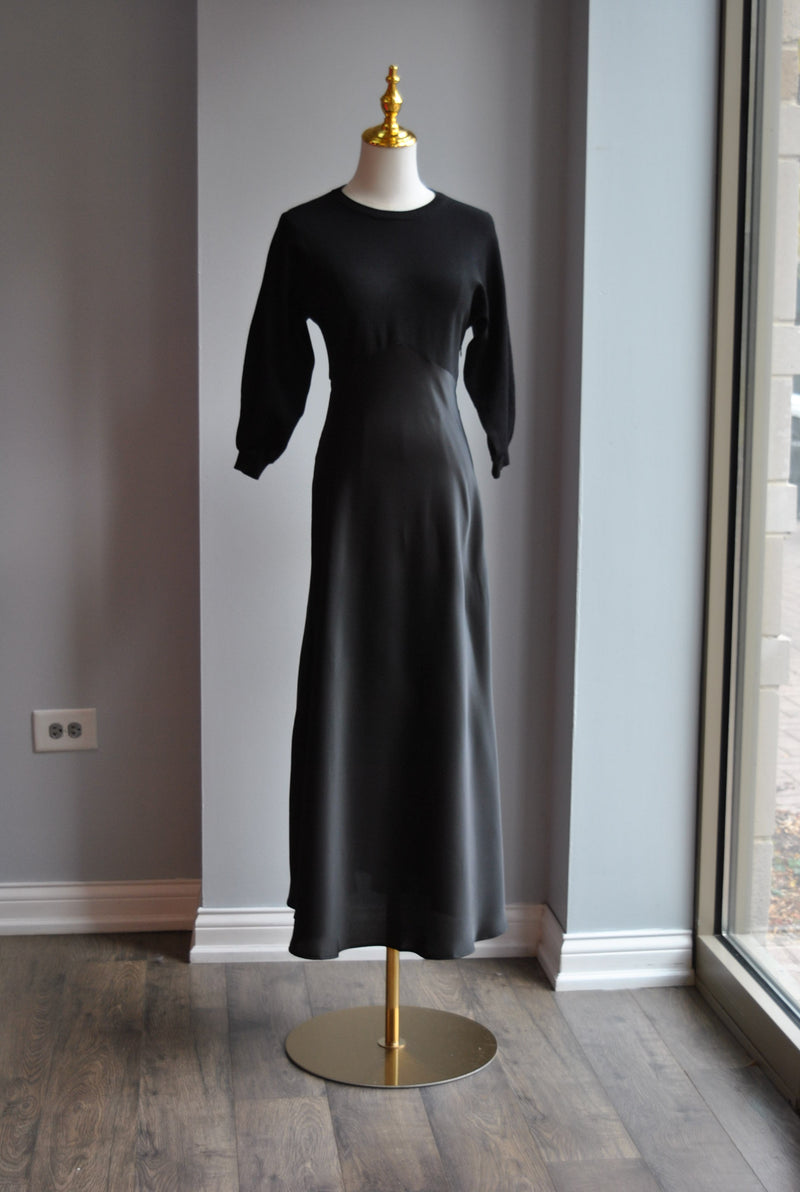 BLACK MIDI DRESS WITH SILKY BOTTOM