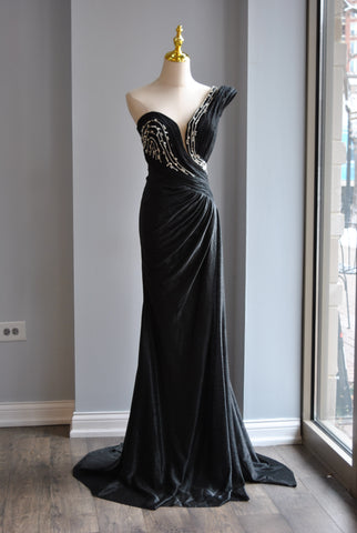 CLEARANCE - NAVY BLUE SILKY LONG DRESS WITH OPEN BACK AND SIDE SLIT
