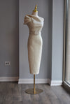 SILVER VANILLA MIDI ASYMMETRIC DRESS WITH A CRYSTAL BELT