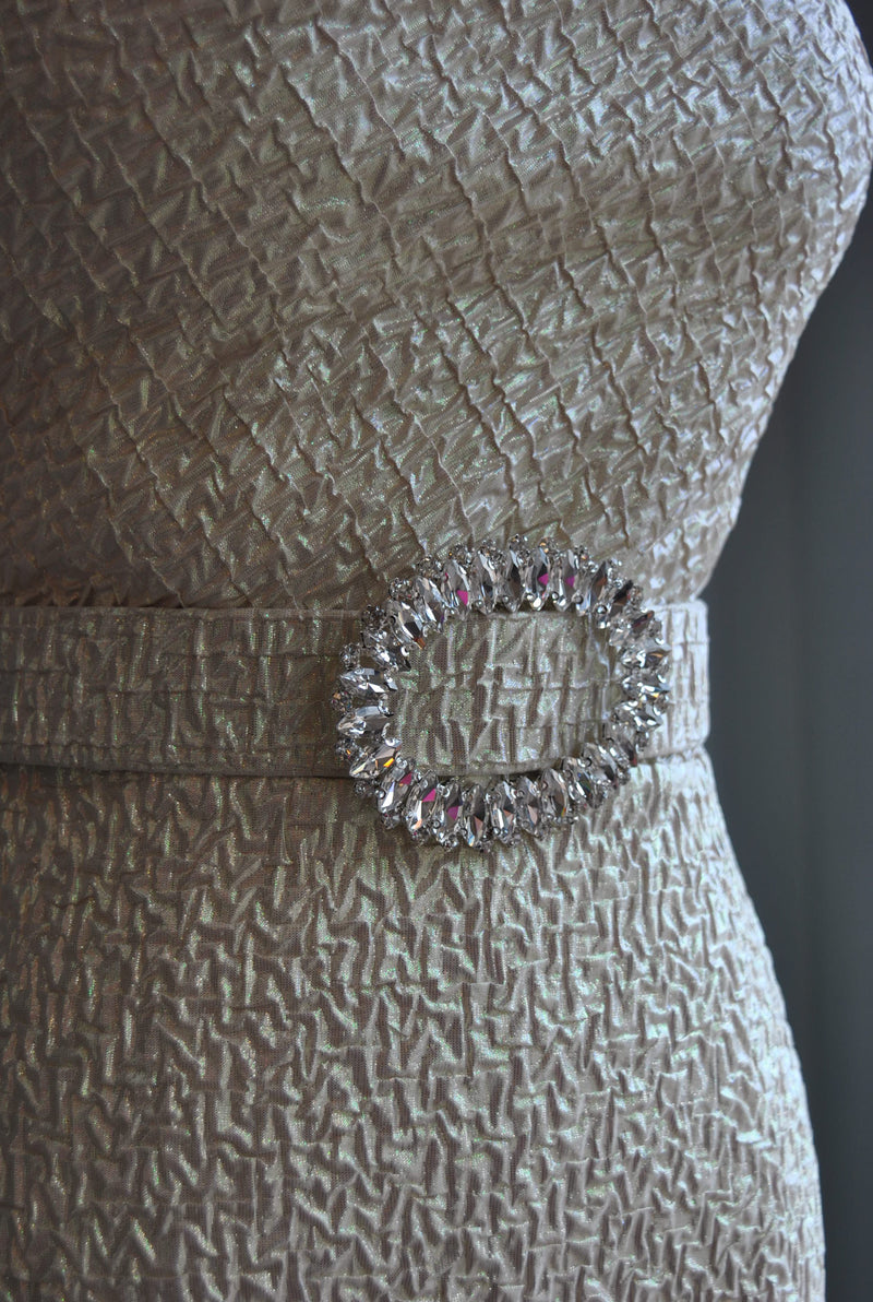 SILVER VANILLA MIDI ASYMMETRIC DRESS WITH A CRYSTAL BELT
