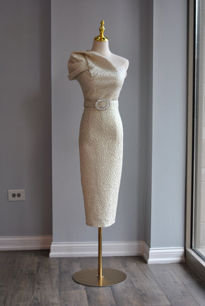 SILVER VANILLA MIDI ASYMMETRIC DRESS WITH A CRYSTAL BELT