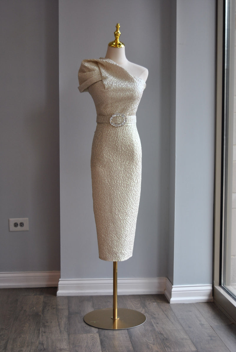 SILVER VANILLA MIDI ASYMMETRIC DRESS WITH A CRYSTAL BELT