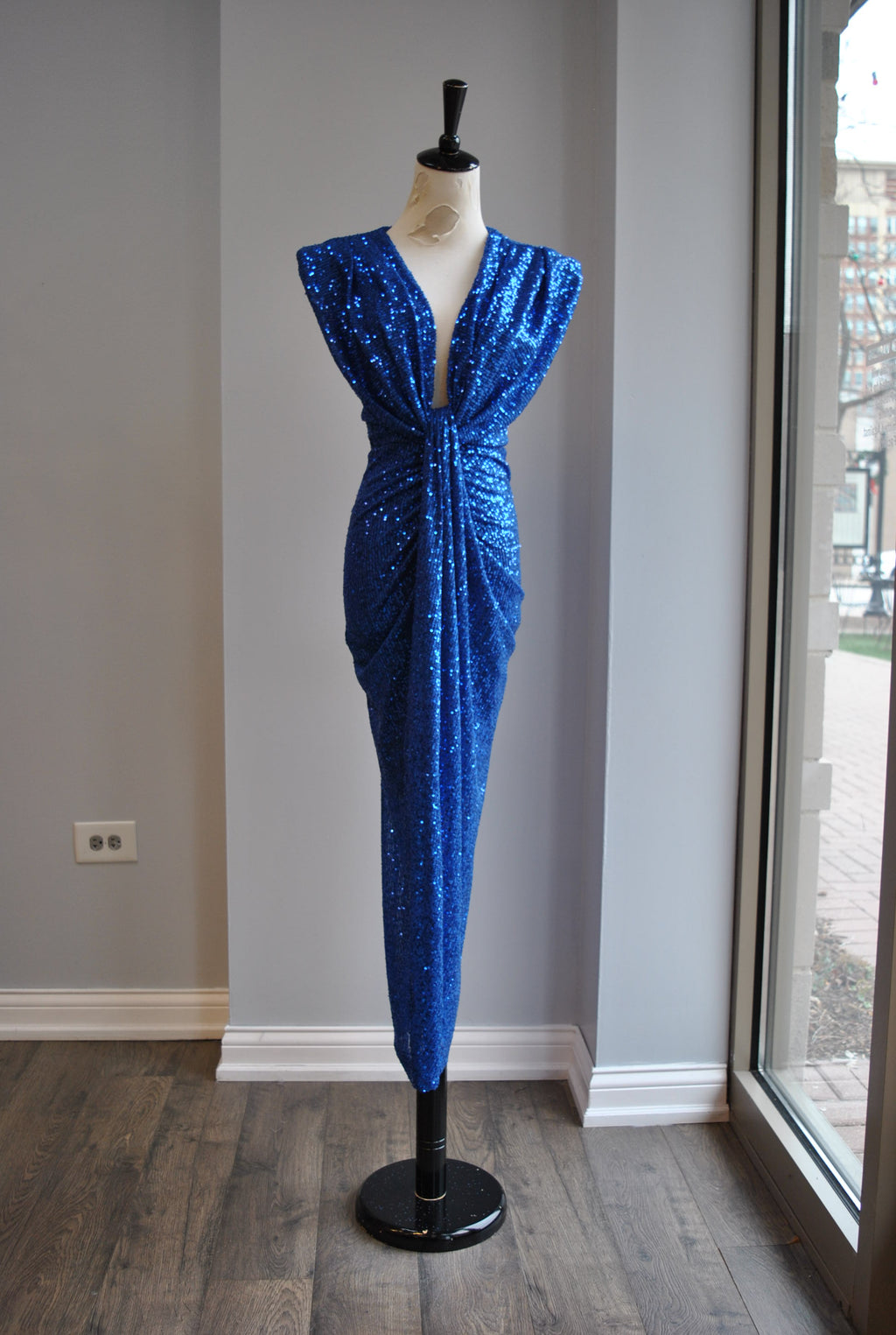 ROYAL BLUE MIDI SEQUIN PARTY DRESS WITH FRONT RUSHING