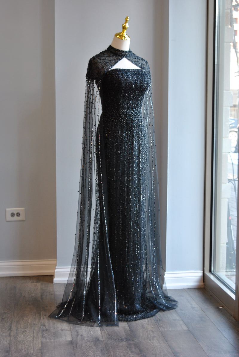 BLACK BEADED LONG EVENING GOWN WITH A CAPE Le Obsession Boutique BLACK BEADED LONG EVENING GOWN WITH A CAPE Le Obsession Boutique