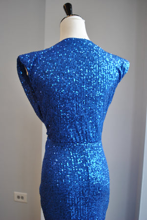 ROYAL BLUE MIDI SEQUIN PARTY DRESS WITH FRONT RUSHING