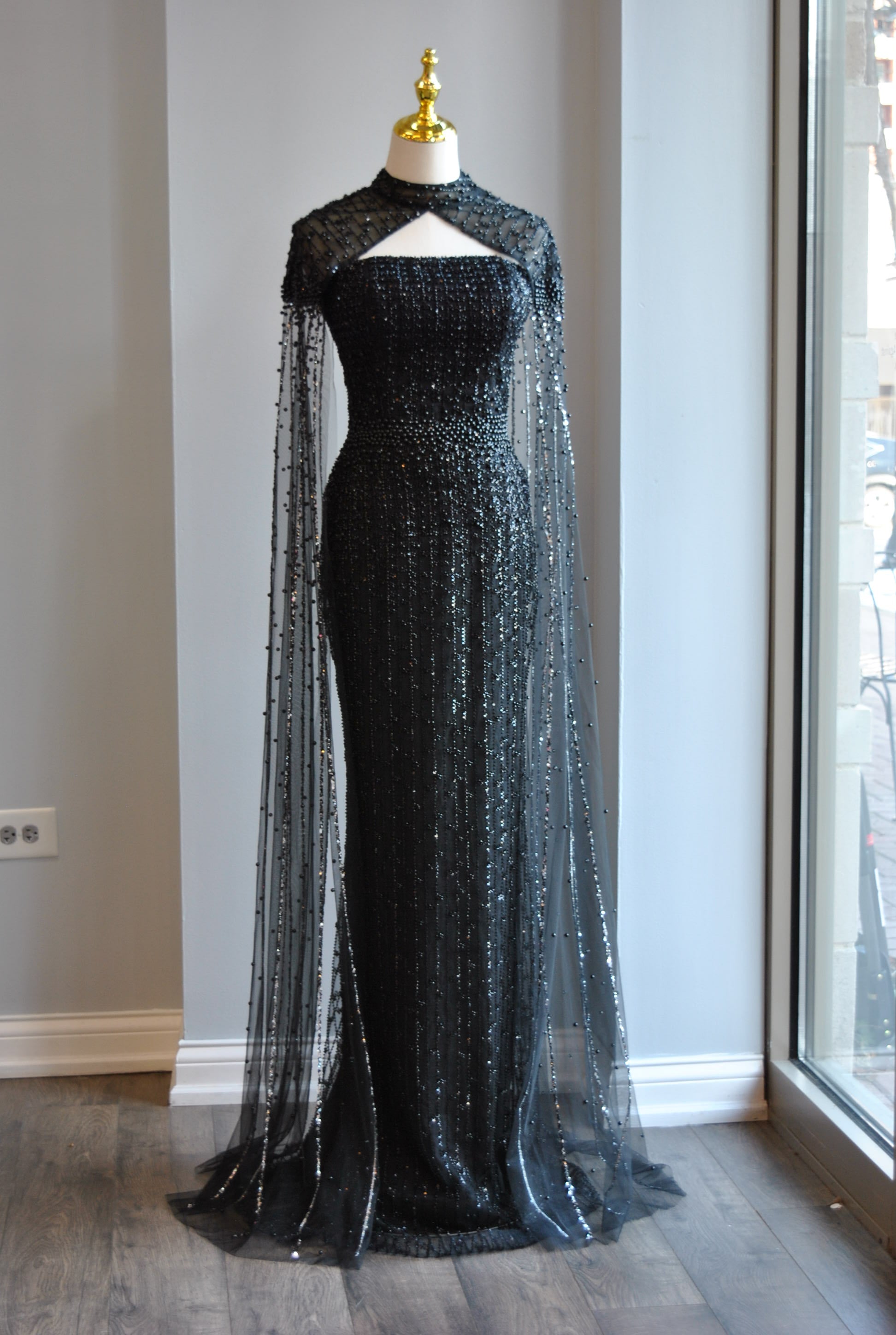 black evening dresses cape town Luxury Aqua Crisscross Evening Dress with Cape Sleeves SS391 main image 1
