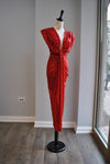 RED SEQUIN MIDI PARTY DRESS WITH FRONT RUSHING
