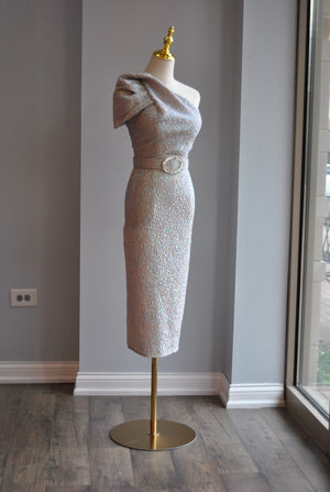 MULTICOLOR MIDI COCKTAIL DRESS WITH CRYSTAL BELT