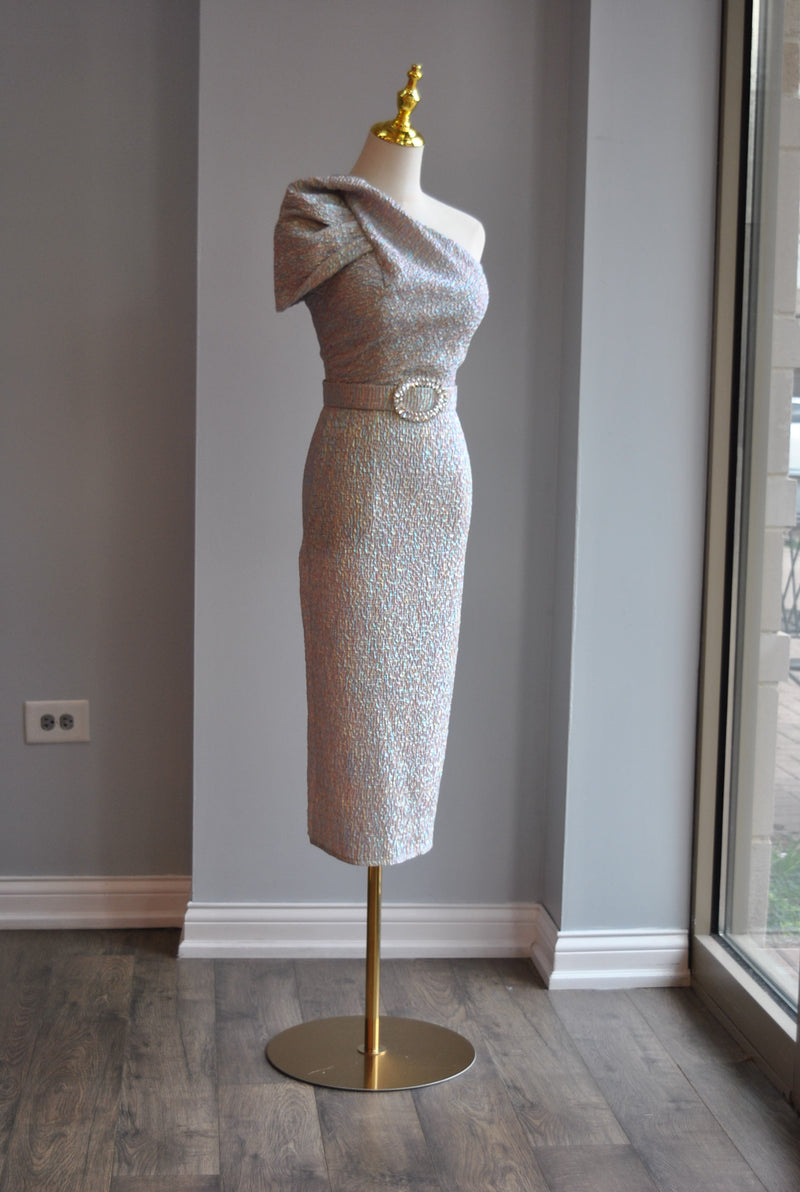 MULTICOLOR MIDI COCKTAIL DRESS WITH CRYSTAL BELT