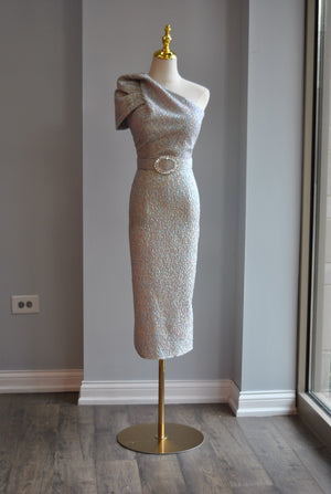 MULTICOLOR MIDI COCKTAIL DRESS WITH CRYSTAL BELT