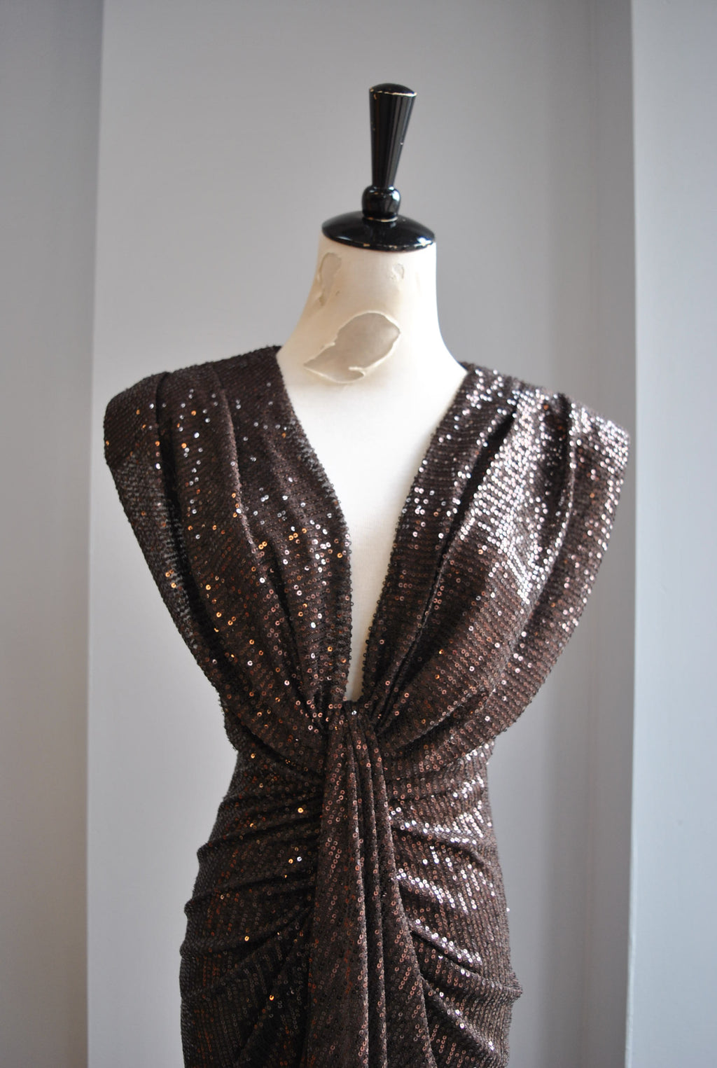 CHOCOLATE BROWN SEQUIN MIDI PARTY DRESS WITH FRONT RUSHING