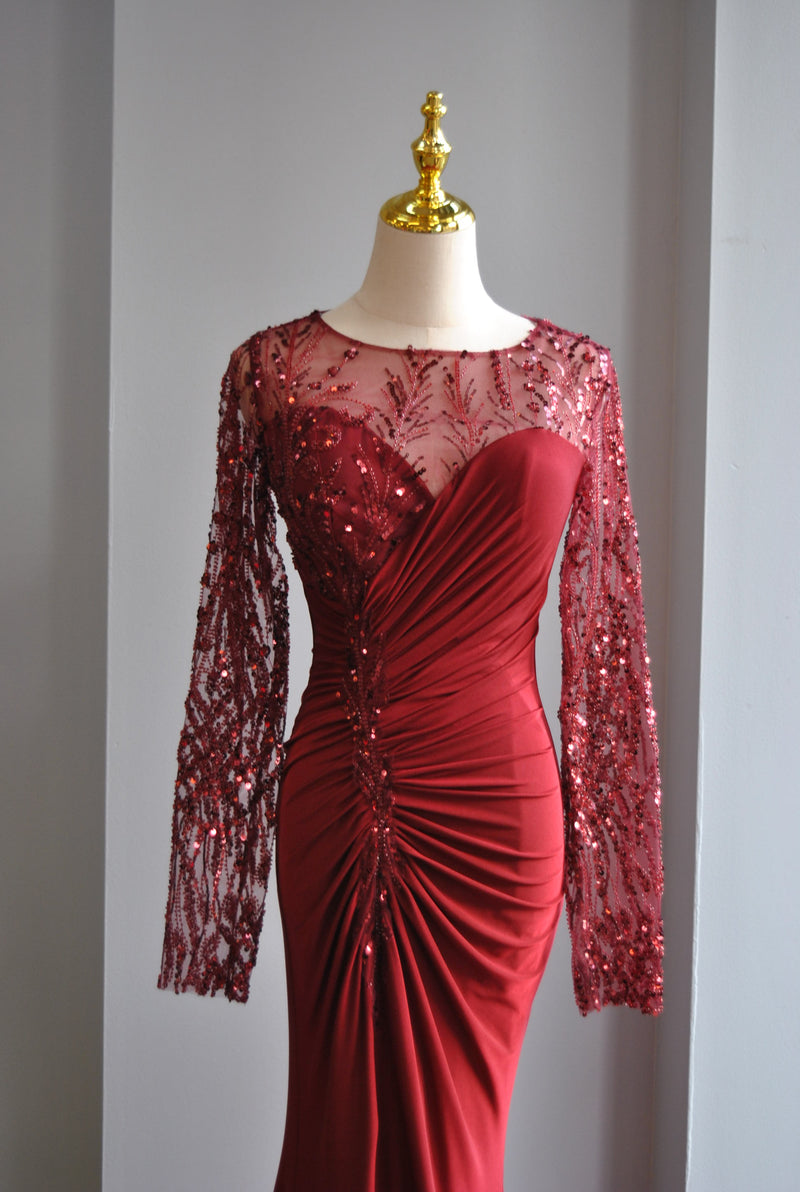 BURGUNDY LONG EVENING GOWN WITH SHEER TOP AND CRYSTALS Le Obsession Boutique BURGUNDY LONG EVENING GOWN WITH SHEER TOP AND CRYSTALS Le Obsession Boutique