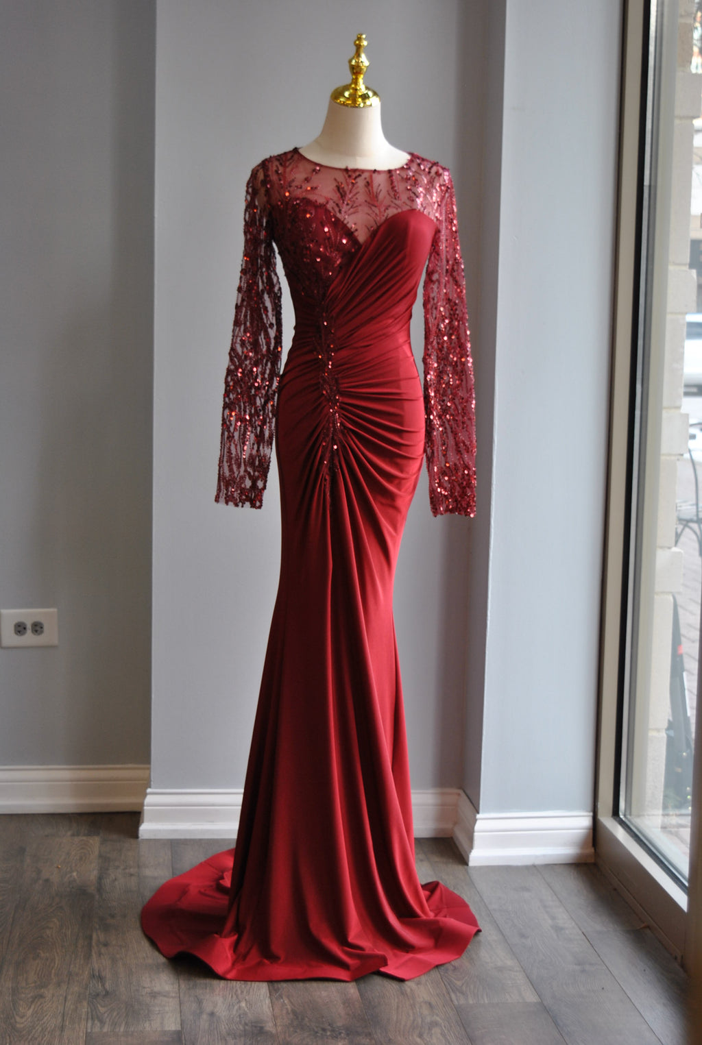 BURGUNDY LONG EVENING GOWN WITH SHEER TOP AND CRYSTALS