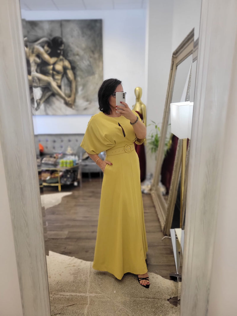 MUSTARD LONG DRESS WITH A BELT AND SIDE POCKETS Le Obsession Boutique MUSTARD LONG DRESS WITH A BELT AND SIDE POCKETS Le Obsession Boutique