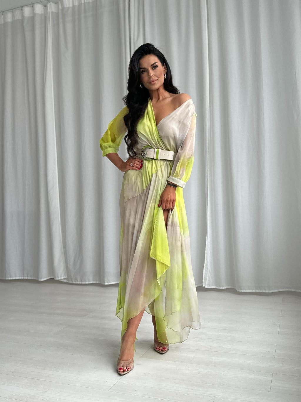 YELLOW MULTI MAXI SUMMER DRESS WITH A BELT
