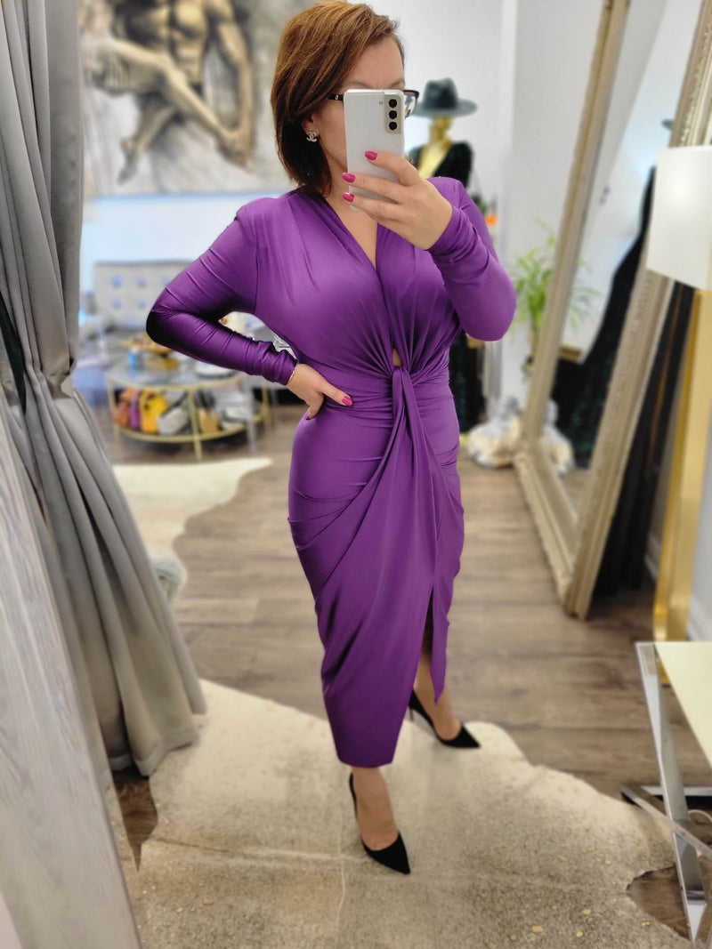 DEEP PURPLE MIDI FIT DRESS WITH FRONT RUSHING DEEP PURPLE MIDI FIT DRESS WITH FRONT RUSHING