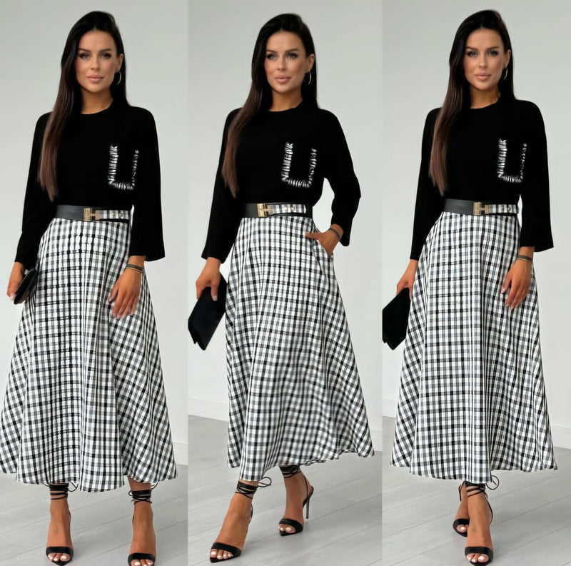 BLACK AND WHITE FIT AND FLAIR MIDI DRESS WITH A BELT AND SIDE POCKETS