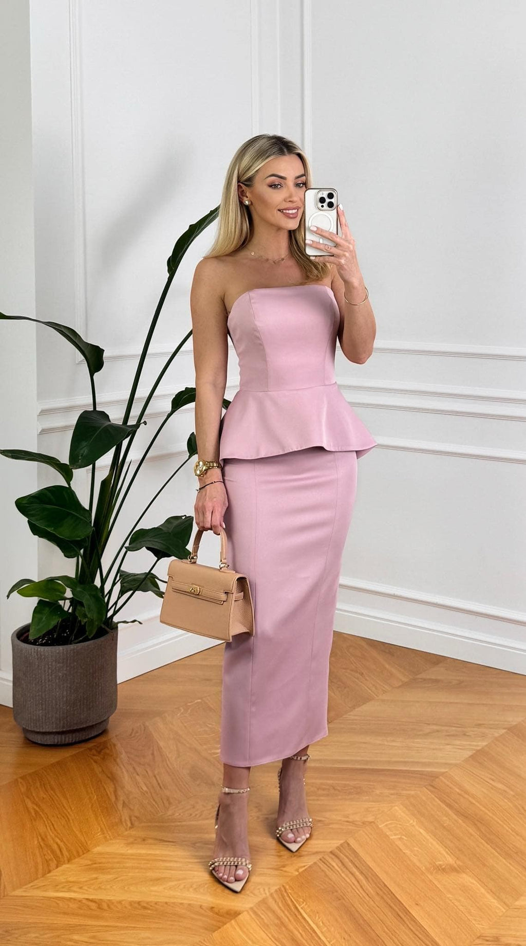 BLUSH PINK SPRING SET OF MIDI PENCIL SKIRT AND PEPLUM TOP