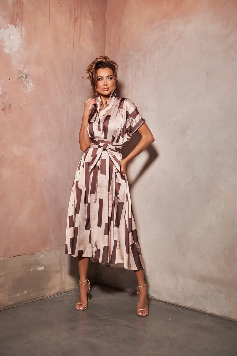 VANILLA AND CARAMEL SILKY MIDI TUNIC DRESS WITH A BELT