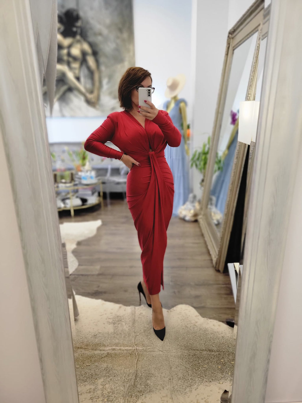 WINE RED MIDI FIT DRESS WITH RUSHING