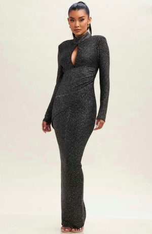 CLEARANCE - BLACK AND SILVER LONG SIMPLE DRESS WITH OPEN BACK