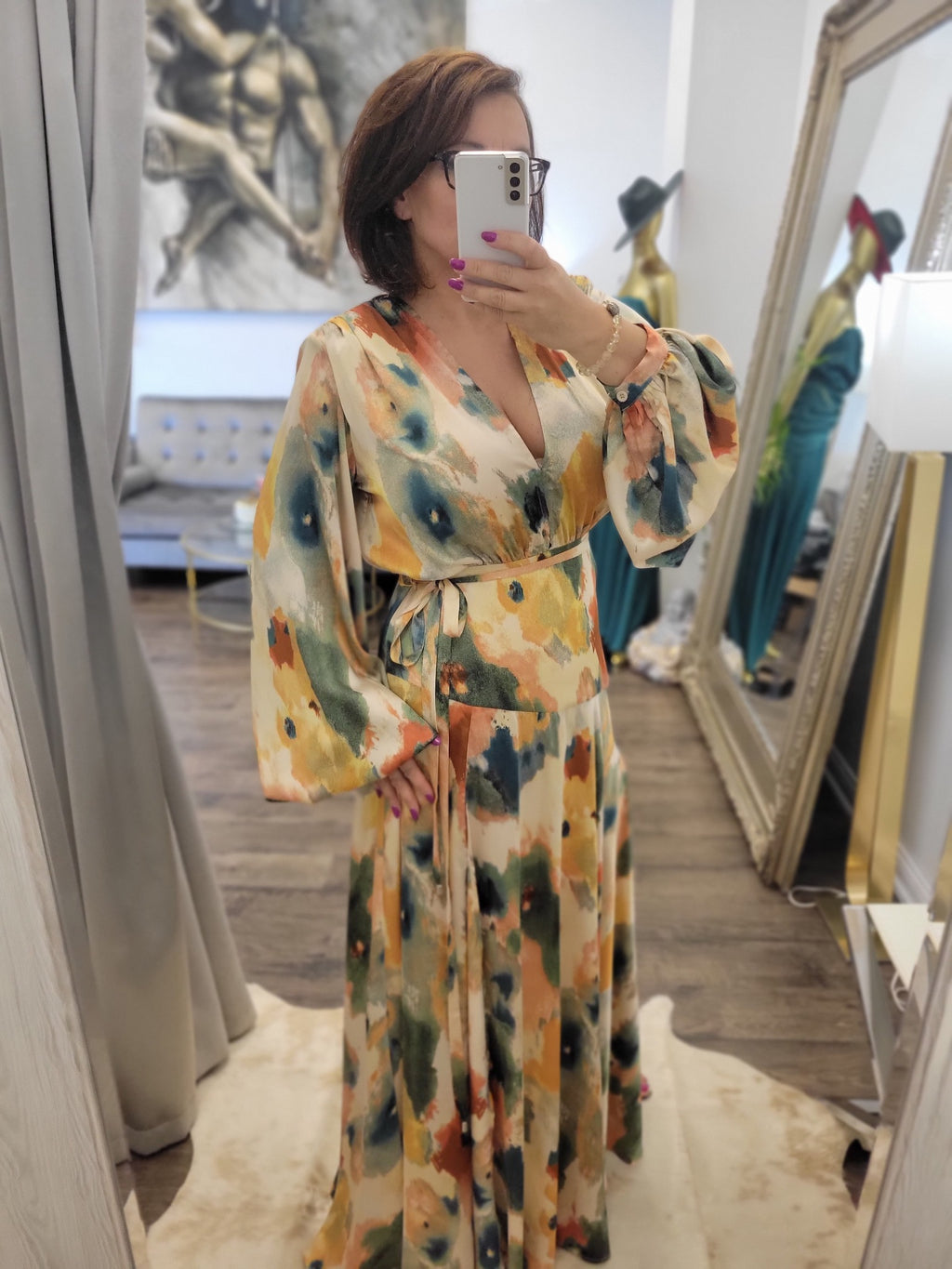 MULTICOLOR SILKY MAXI FALL DRESS