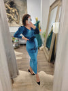 CLEARANCE - TEAL COLOR VELVET MIDI DRESS WITH A BELT