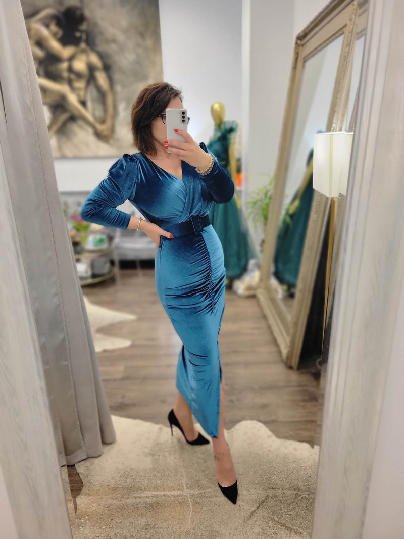 CLEARANCE - TEAL COLOR VELVET MIDI DRESS WITH A BELT