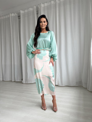 CLEARANCE - MINT AND VANILLA MIDI DRESS WITH A BELT
