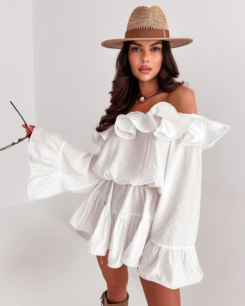 WHITE OFF THE SHOULDER TUNIC DRESS WITH RUFFLES
